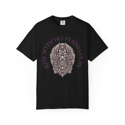 Rise With No Permission T-Shirt — Anubis Helmet Graphic Tee (“Your Song Is Your Spell”)