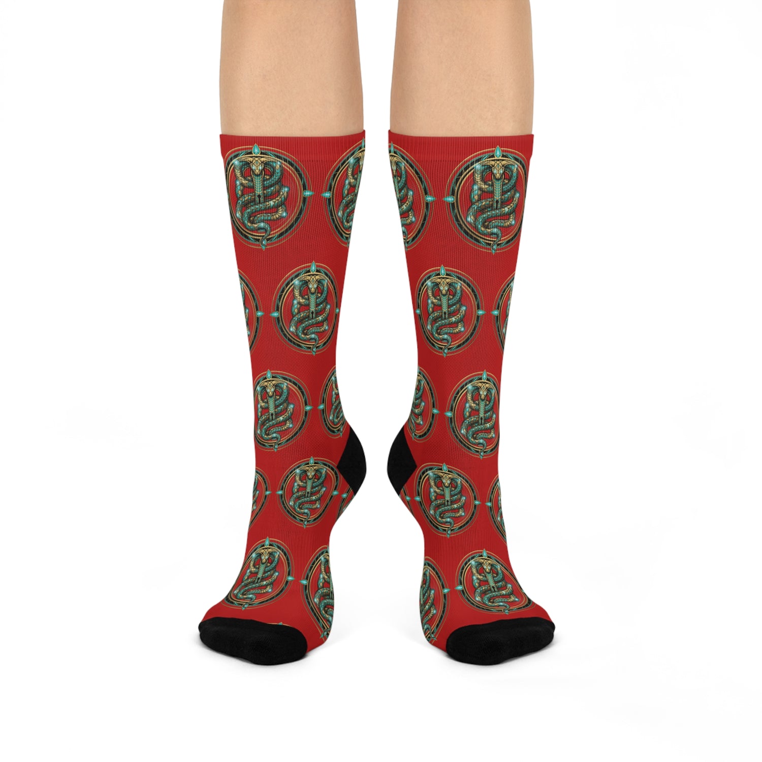 Slytherin Crest Cushioned Crew Socks — Hogwarts House Green Snake on Burgundy
