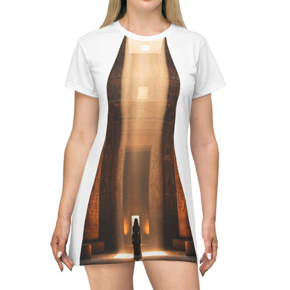 Saga Temple T-Shirt Dress — Dramatic Sunbeam Shrine Graphic