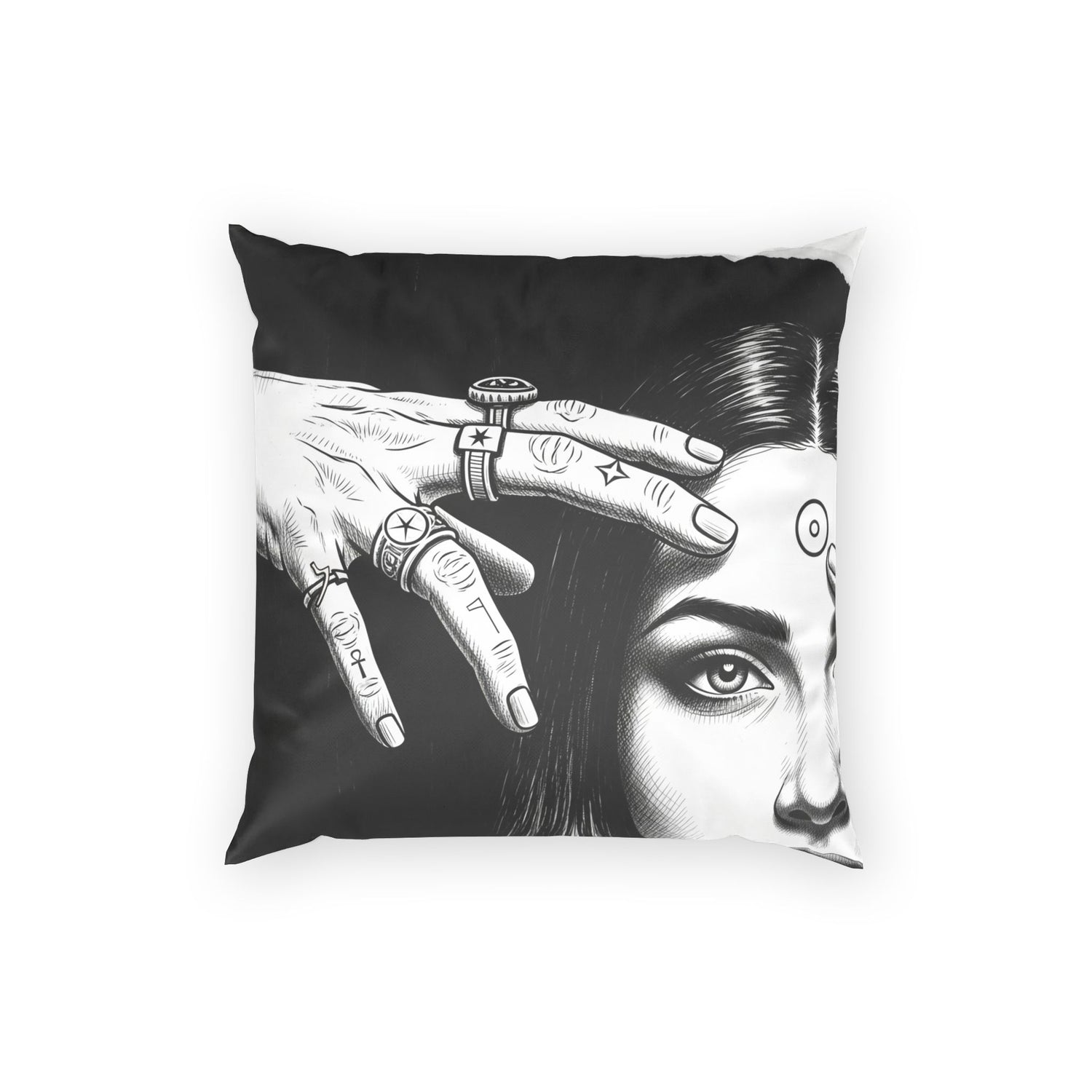 Mystic Portrait Velvet Pillow — Black &amp; White Occult Art Decorative Throw