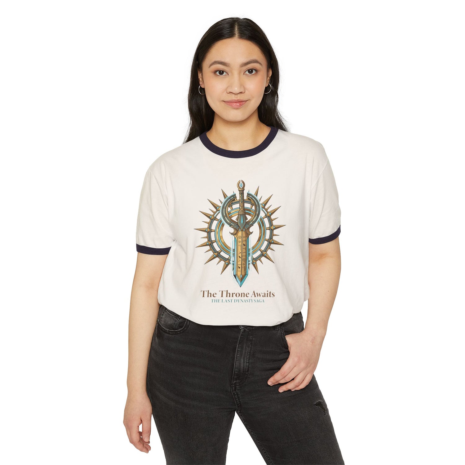 Ringer T-Shirt — "The Throne Awaits" Fantasy Sword Crest Tee