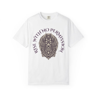 Rise With No Permission T-Shirt — Anubis Helmet Graphic Tee (“Your Song Is Your Spell”)