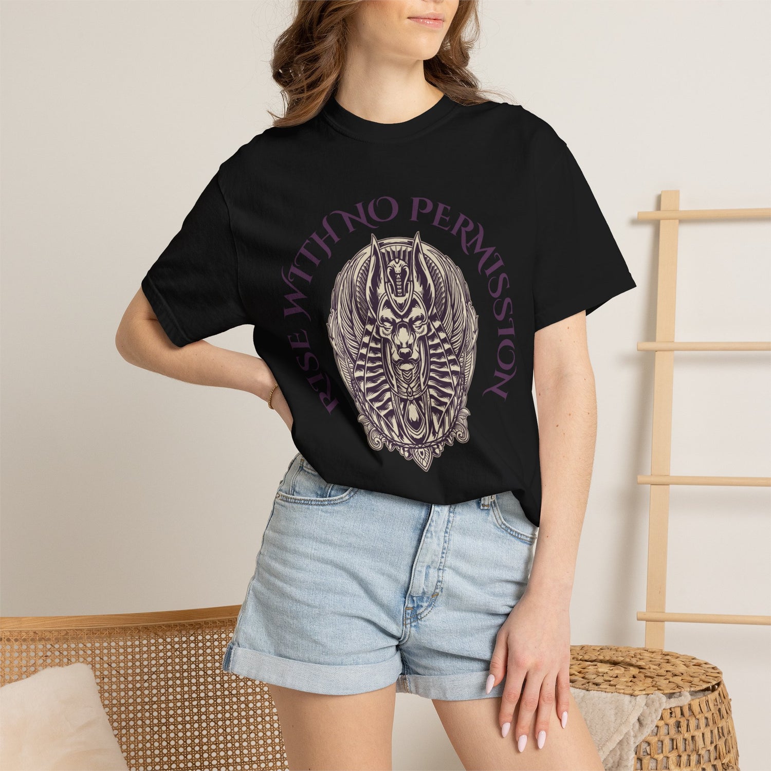 Rise With No Permission T-Shirt — Anubis Helmet Graphic Tee (“Your Song Is Your Spell”)