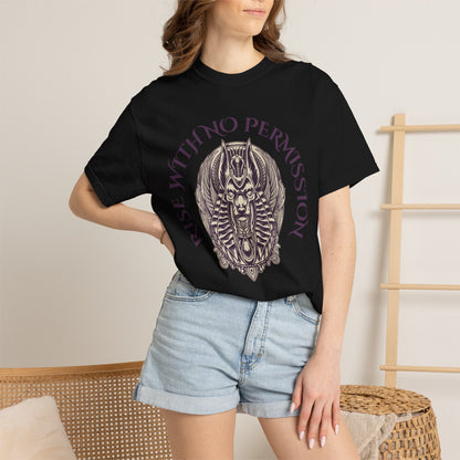 Rise With No Permission T-Shirt — Anubis Helmet Graphic Tee (“Your Song Is Your Spell”)