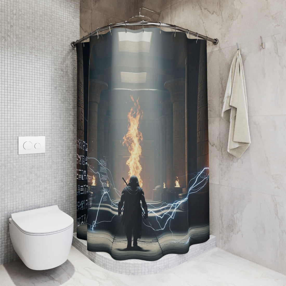 Mystic Temple Shower Curtain — Fantasy Sorcerer Flame &amp; Lightning Bathroom Decor