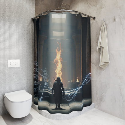 Mystic Temple Shower Curtain — Fantasy Sorcerer Flame &amp; Lightning Bathroom Decor