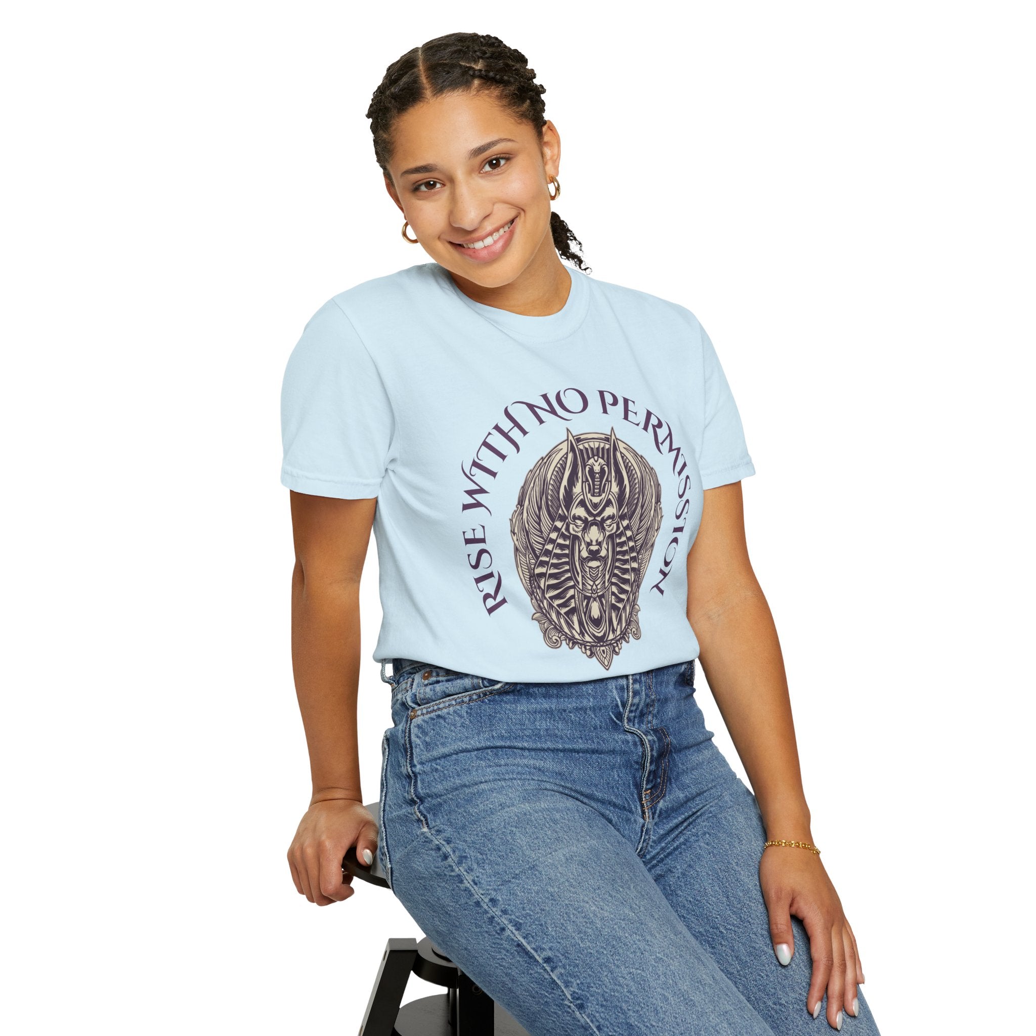 Rise With No Permission T-Shirt — Anubis Helmet Graphic Tee (“Your Song Is Your Spell”)