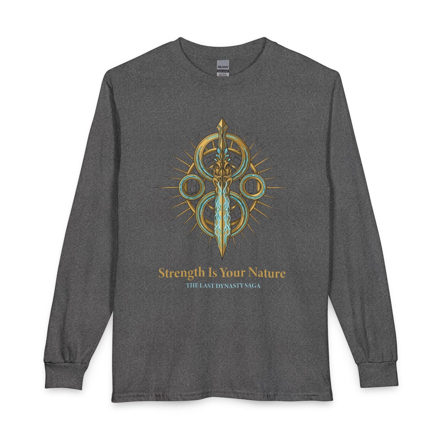 Strength Is Your Nature Long Sleeve Tee — Geometric Serpent Sword and Scarab Design