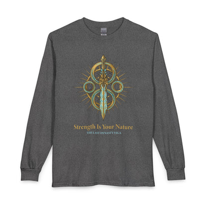 Strength Is Your Nature Long Sleeve Tee — Geometric Serpent Sword and Scarab Design