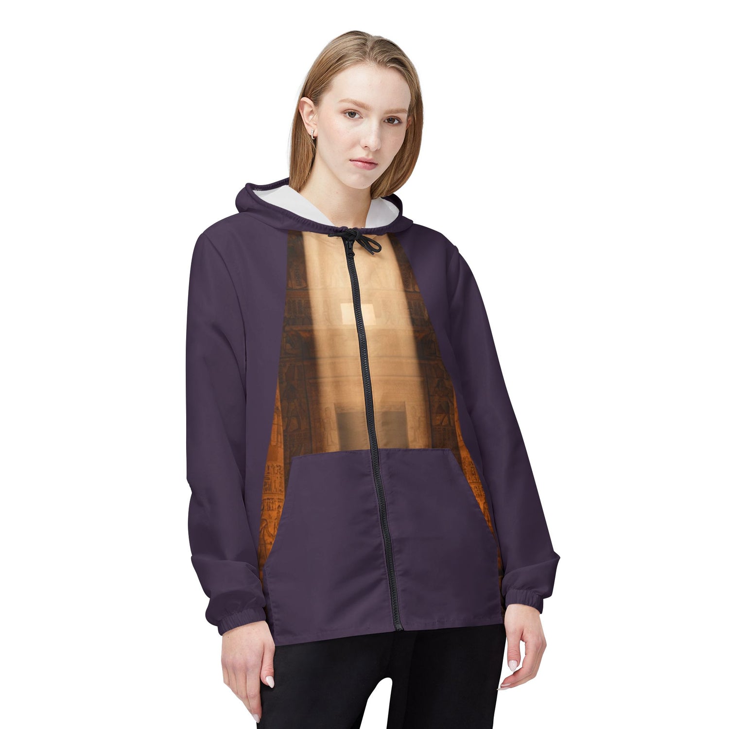 The Saga Temple Midnight Cat Windbreaker Jacket — Abstract Tribal Moon Design