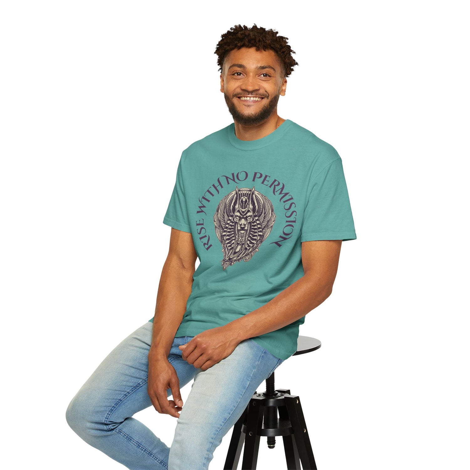 Rise With No Permission T-Shirt — Anubis Helmet Graphic Tee (“Your Song Is Your Spell”)