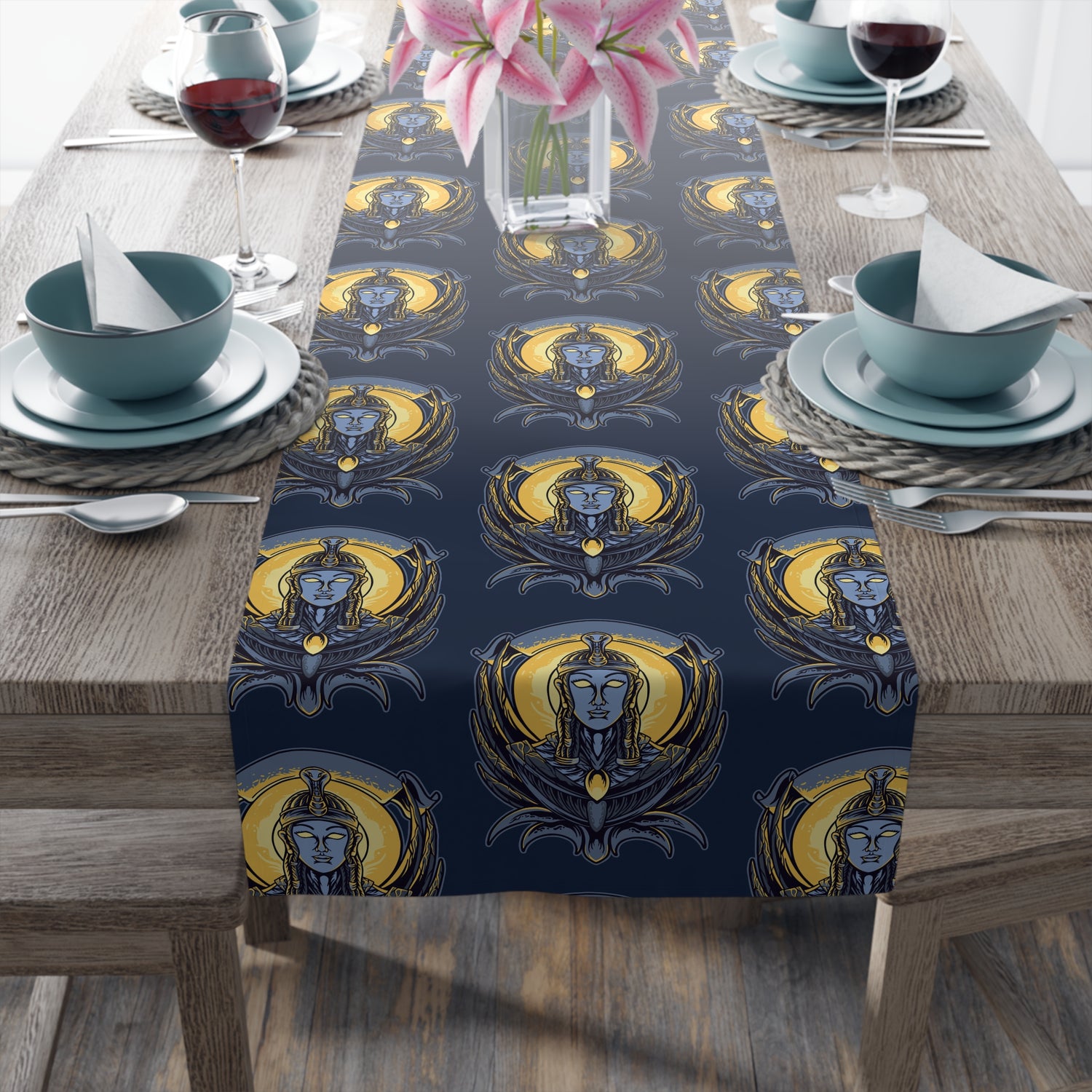 Art Nouveau Moon &amp; Owl Table Runner — Night Sky Decorative Linen