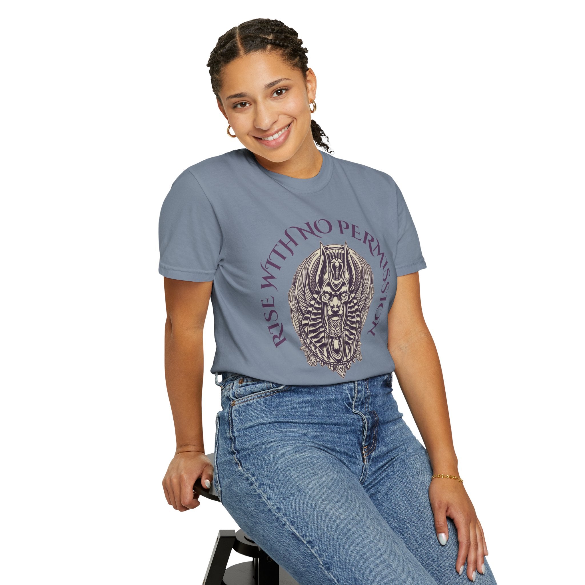 Rise With No Permission T-Shirt — Anubis Helmet Graphic Tee (“Your Song Is Your Spell”)