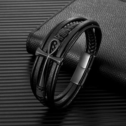Multilayer Leather Ankh Bracelet 316L Steel Detail | Magnetic Clasp
