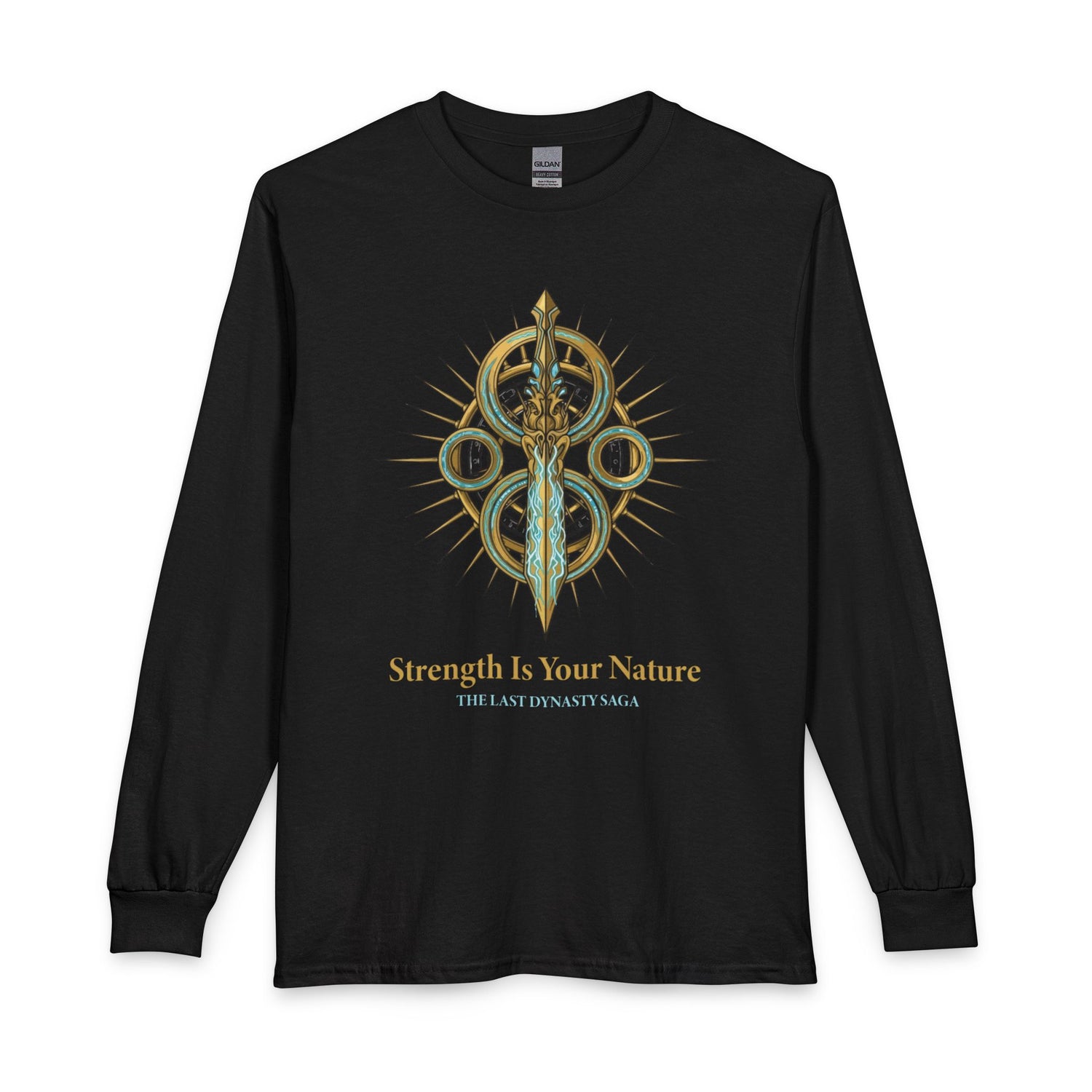 Strength Is Your Nature Long Sleeve Tee — Geometric Serpent Sword and Scarab Design