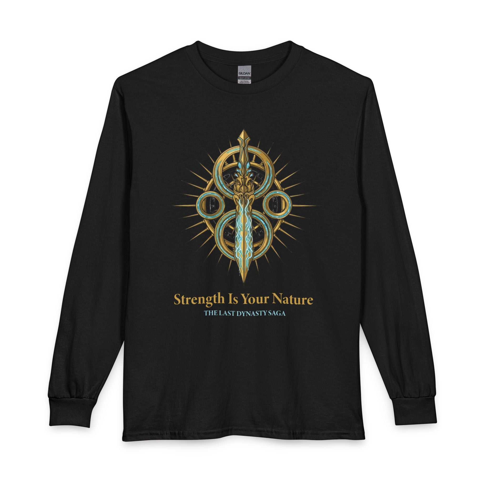 Strength Is Your Nature Long Sleeve Tee — Geometric Serpent Sword and Scarab Design