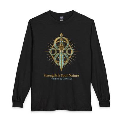 Strength Is Your Nature Long Sleeve Tee — Geometric Serpent Sword and Scarab Design