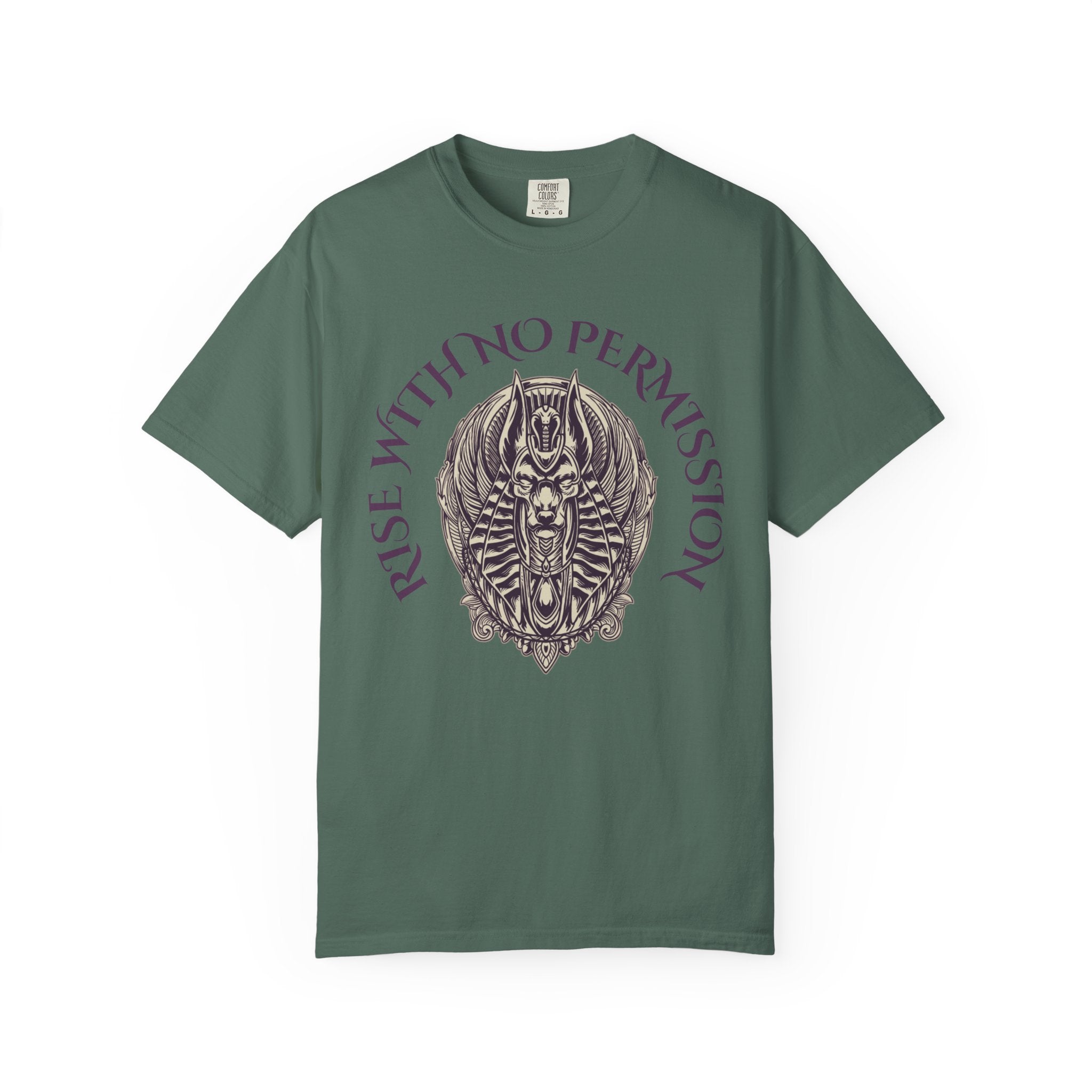 Rise With No Permission T-Shirt — Anubis Helmet Graphic Tee (“Your Song Is Your Spell”)