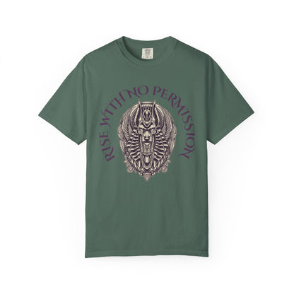 Rise With No Permission T-Shirt — Anubis Helmet Graphic Tee (“Your Song Is Your Spell”)