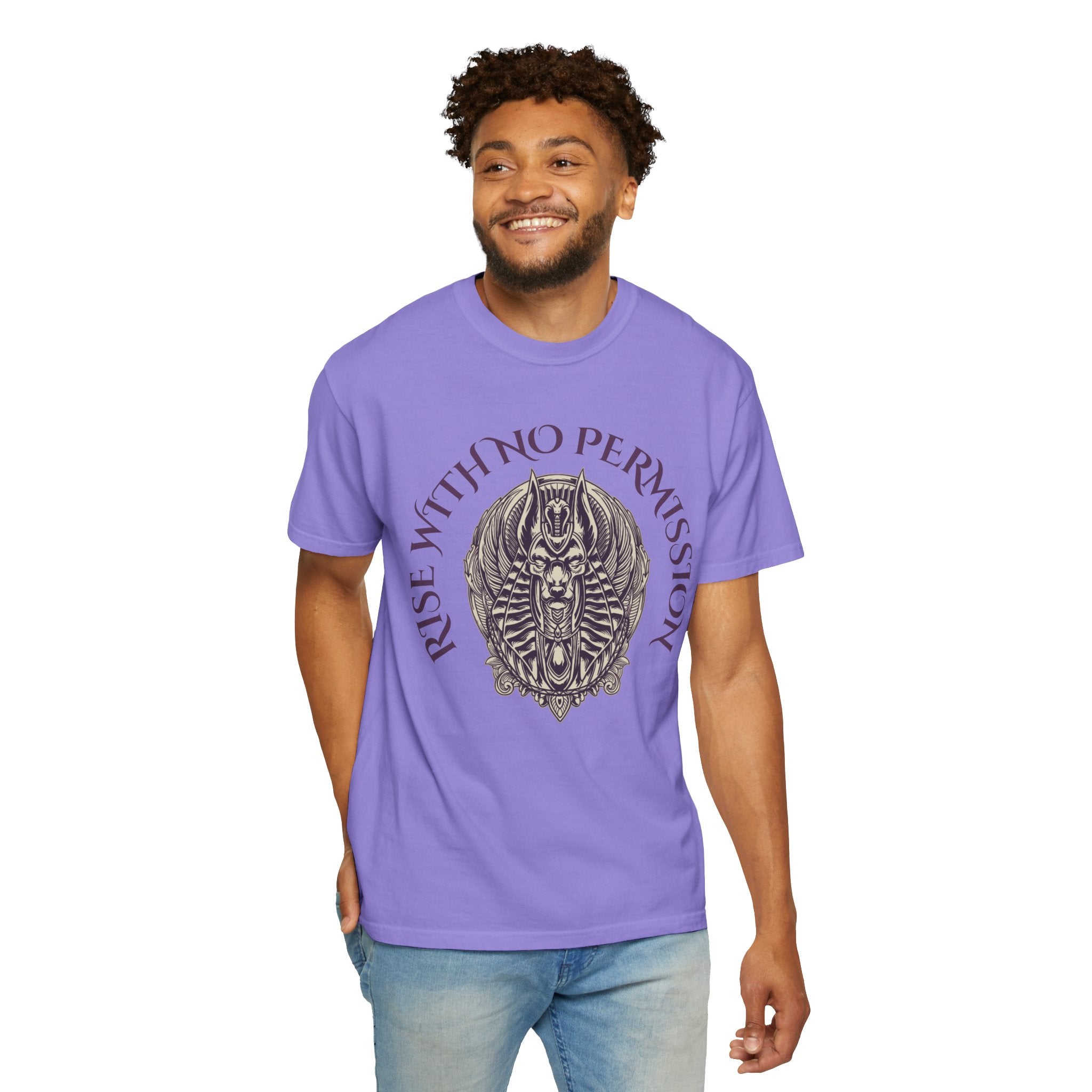 Rise With No Permission T-Shirt — Anubis Helmet Graphic Tee (“Your Song Is Your Spell”)