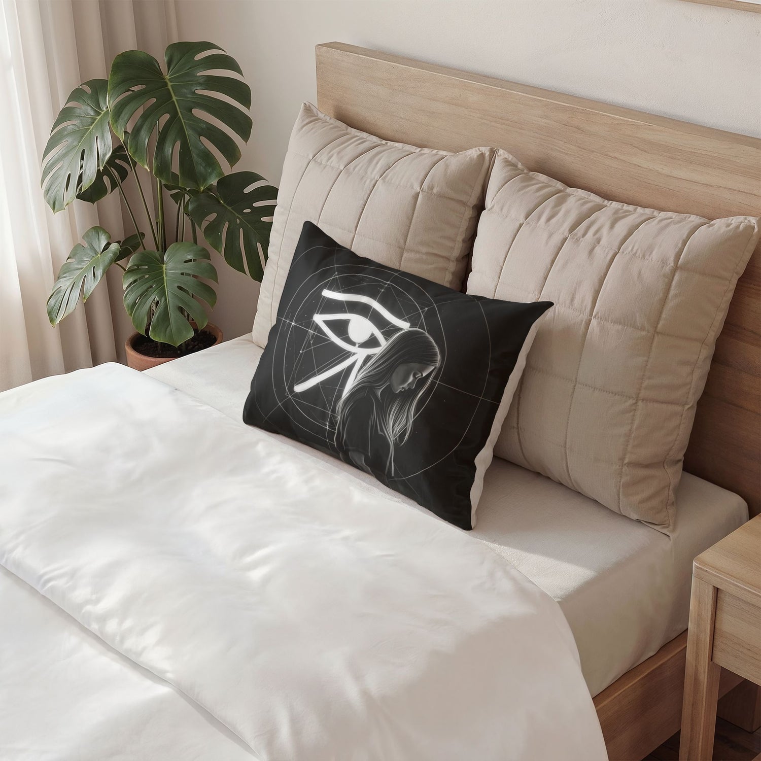 Pillow Sham — Mystic Eye of Ra Illustration with Thoughtful Woman (Black &amp; White)