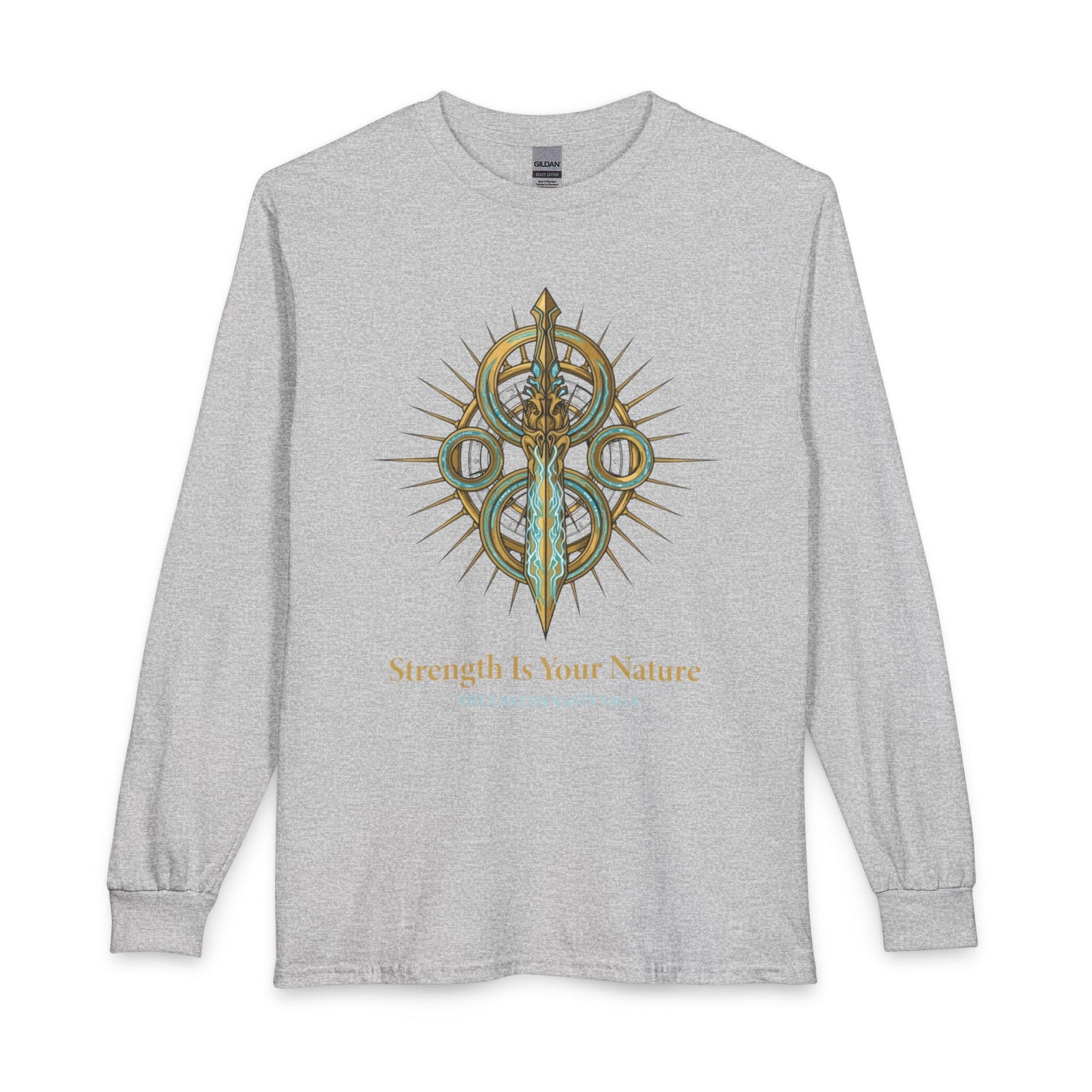 Strength Is Your Nature Long Sleeve Tee — Geometric Serpent Sword and Scarab Design