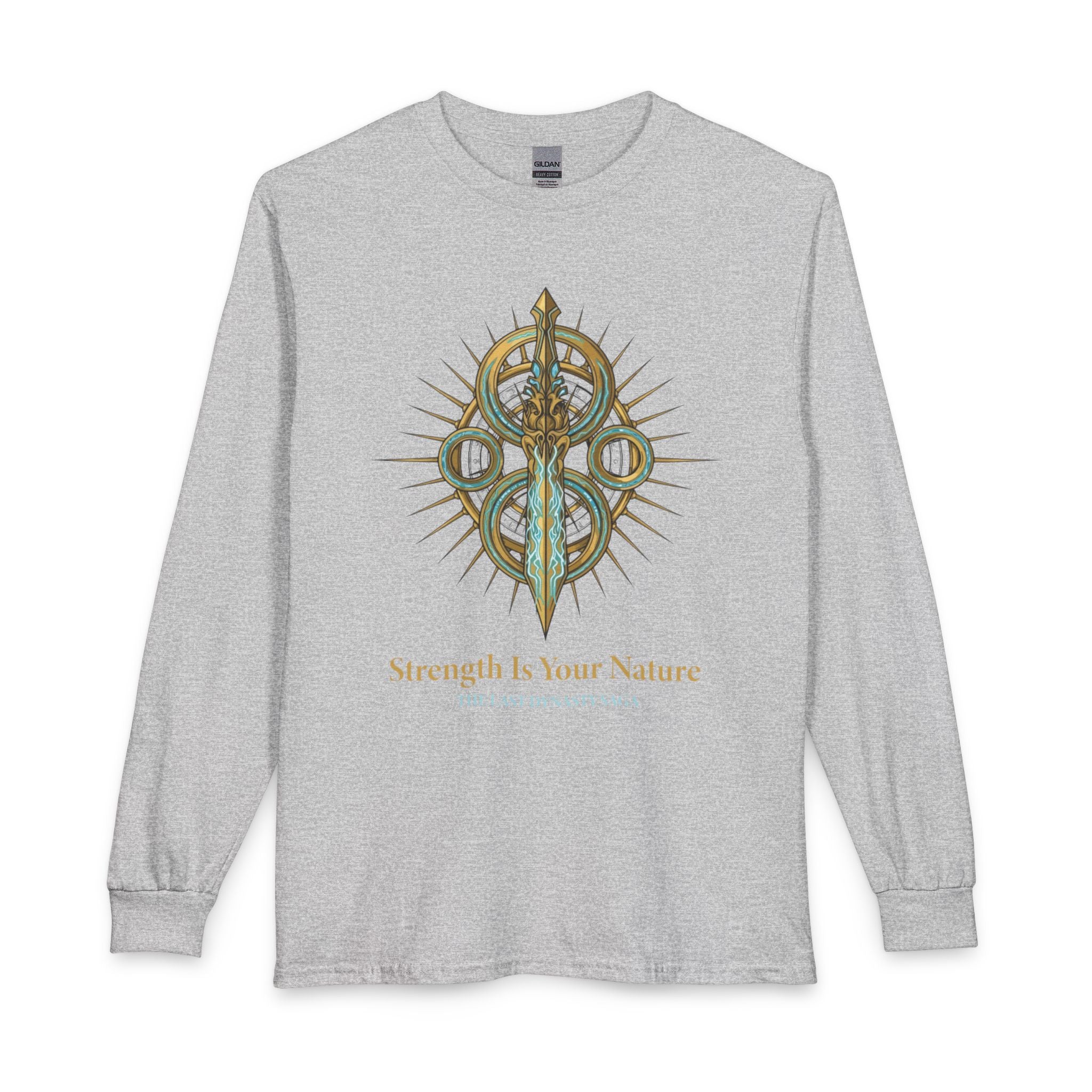 Strength Is Your Nature Long Sleeve Tee — Geometric Serpent Sword and Scarab Design