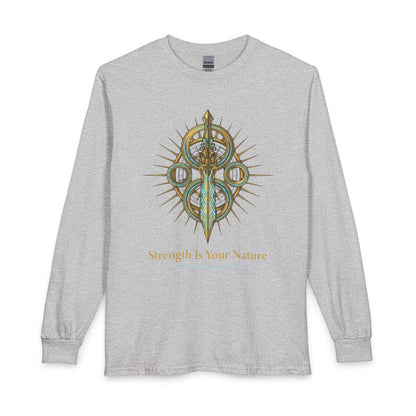 Strength Is Your Nature Long Sleeve Tee — Geometric Serpent Sword and Scarab Design