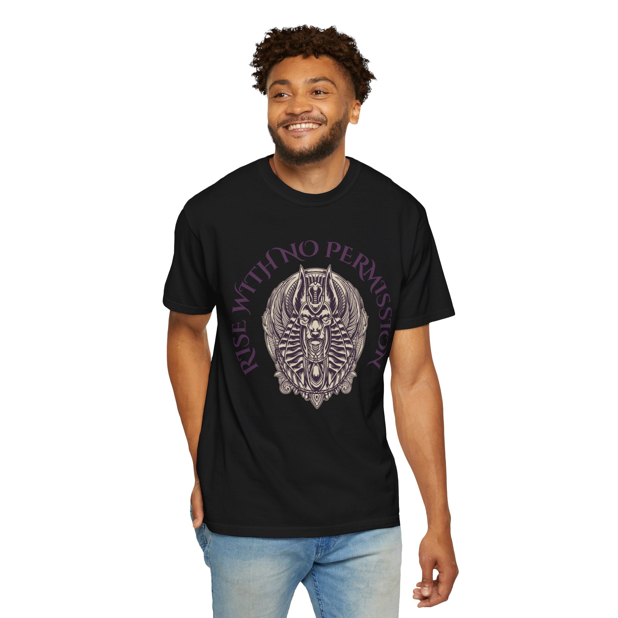Rise With No Permission T-Shirt — Anubis Helmet Graphic Tee (“Your Song Is Your Spell”)