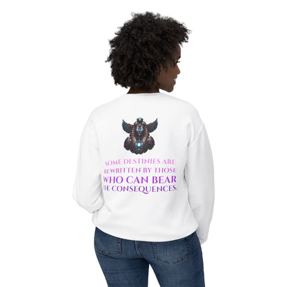 The Hidden Sigil Crewneck Sweatshirt — Mythic Bird Mask Graphic, "Some Destinies Are Rewritten..." Back Quote