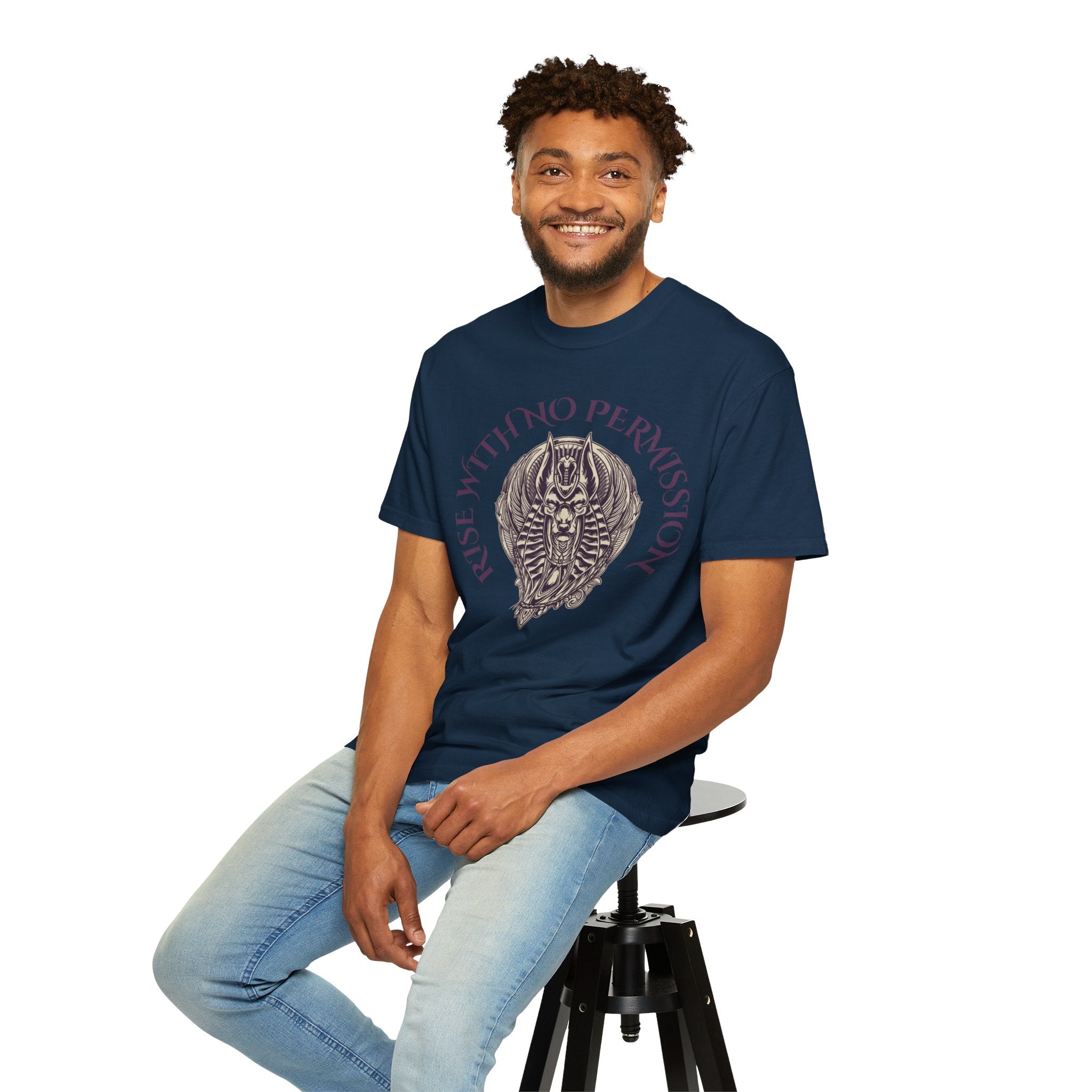 Rise With No Permission T-Shirt — Anubis Helmet Graphic Tee (“Your Song Is Your Spell”)