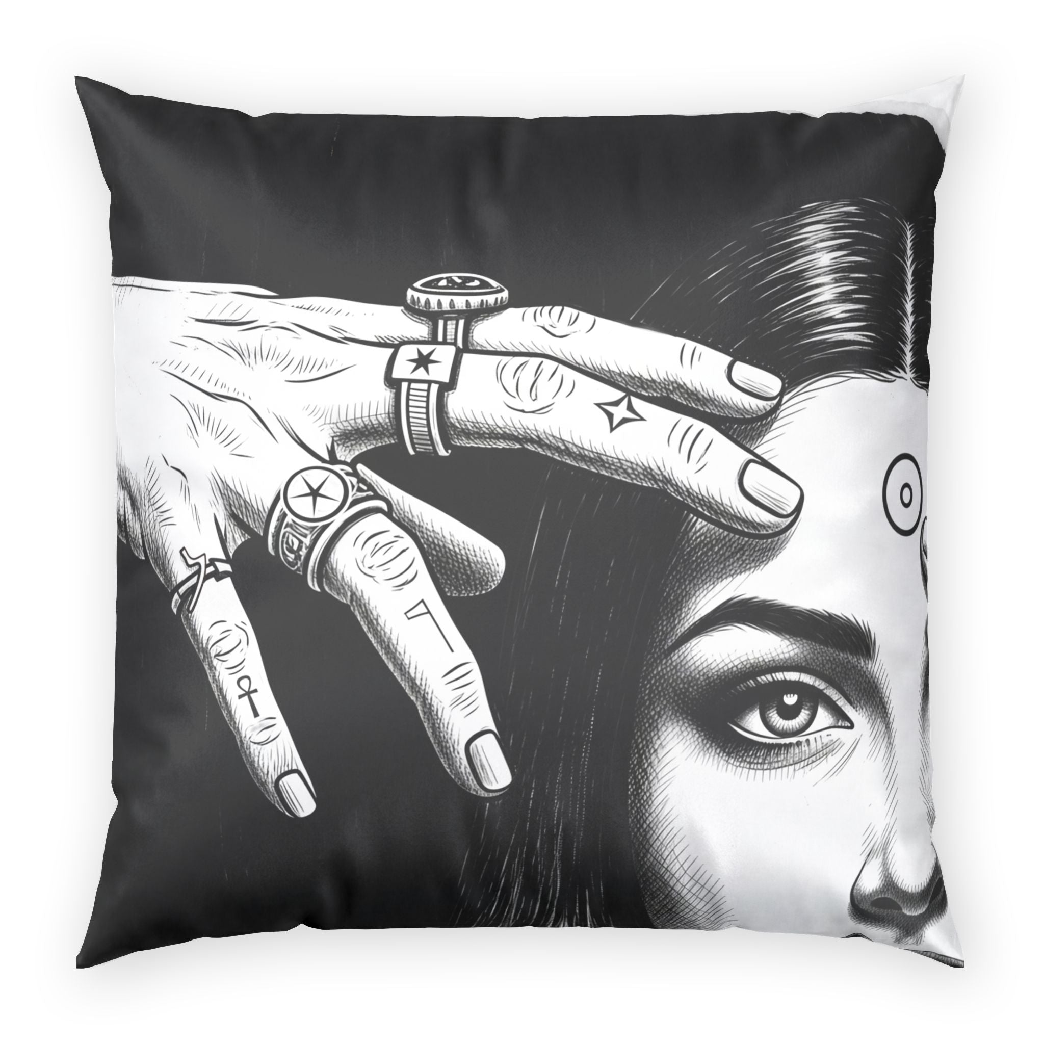 Mystic Portrait Velvet Pillow — Black &amp; White Occult Art Decorative Throw