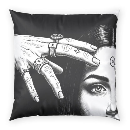 Mystic Portrait Velvet Pillow — Black &amp; White Occult Art Decorative Throw