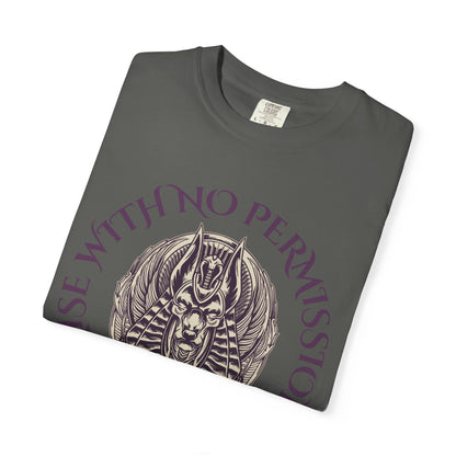 Rise With No Permission T-Shirt — Anubis Helmet Graphic Tee (“Your Song Is Your Spell”)