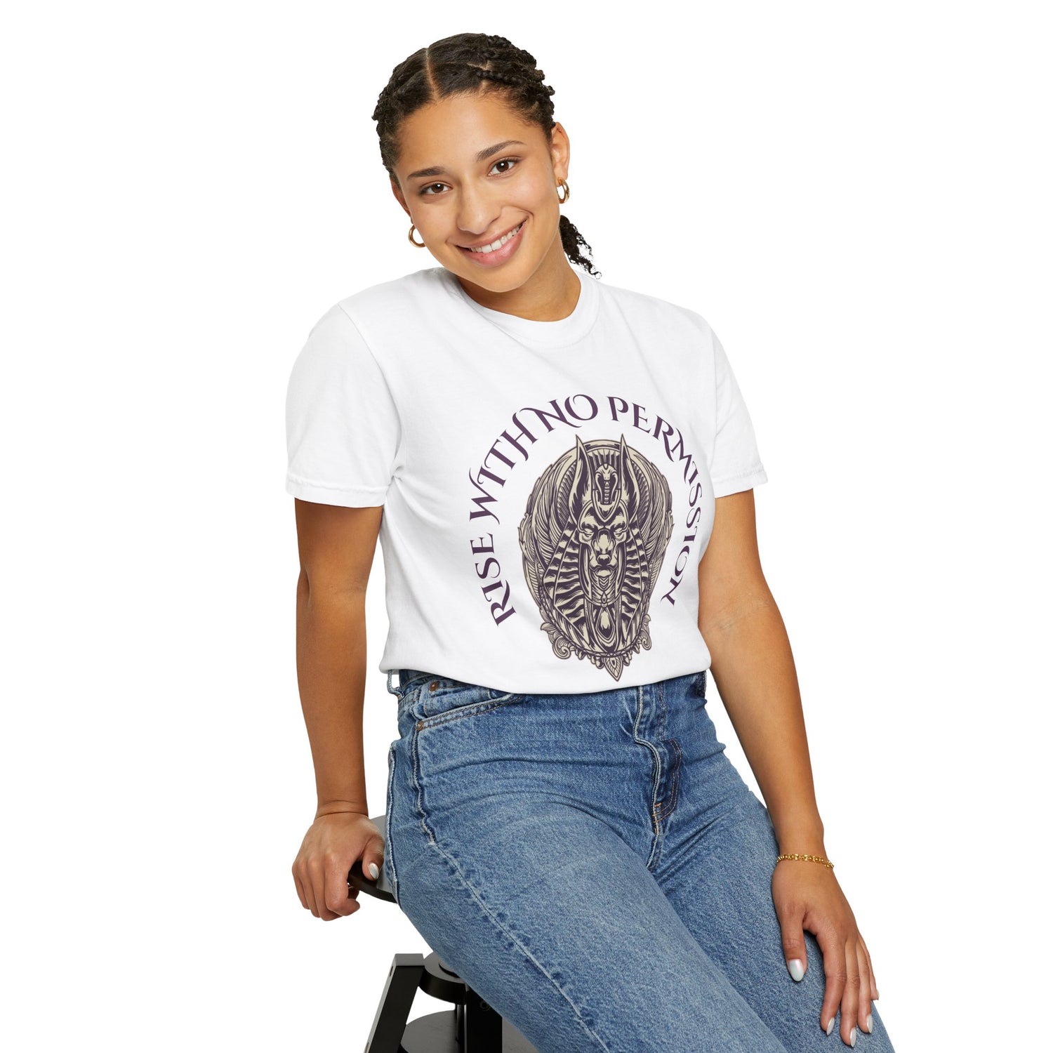 Rise With No Permission T-Shirt — Anubis Helmet Graphic Tee (“Your Song Is Your Spell”)