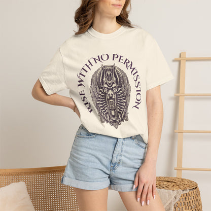 Rise With No Permission T-Shirt — Anubis Helmet Graphic Tee (“Your Song Is Your Spell”)