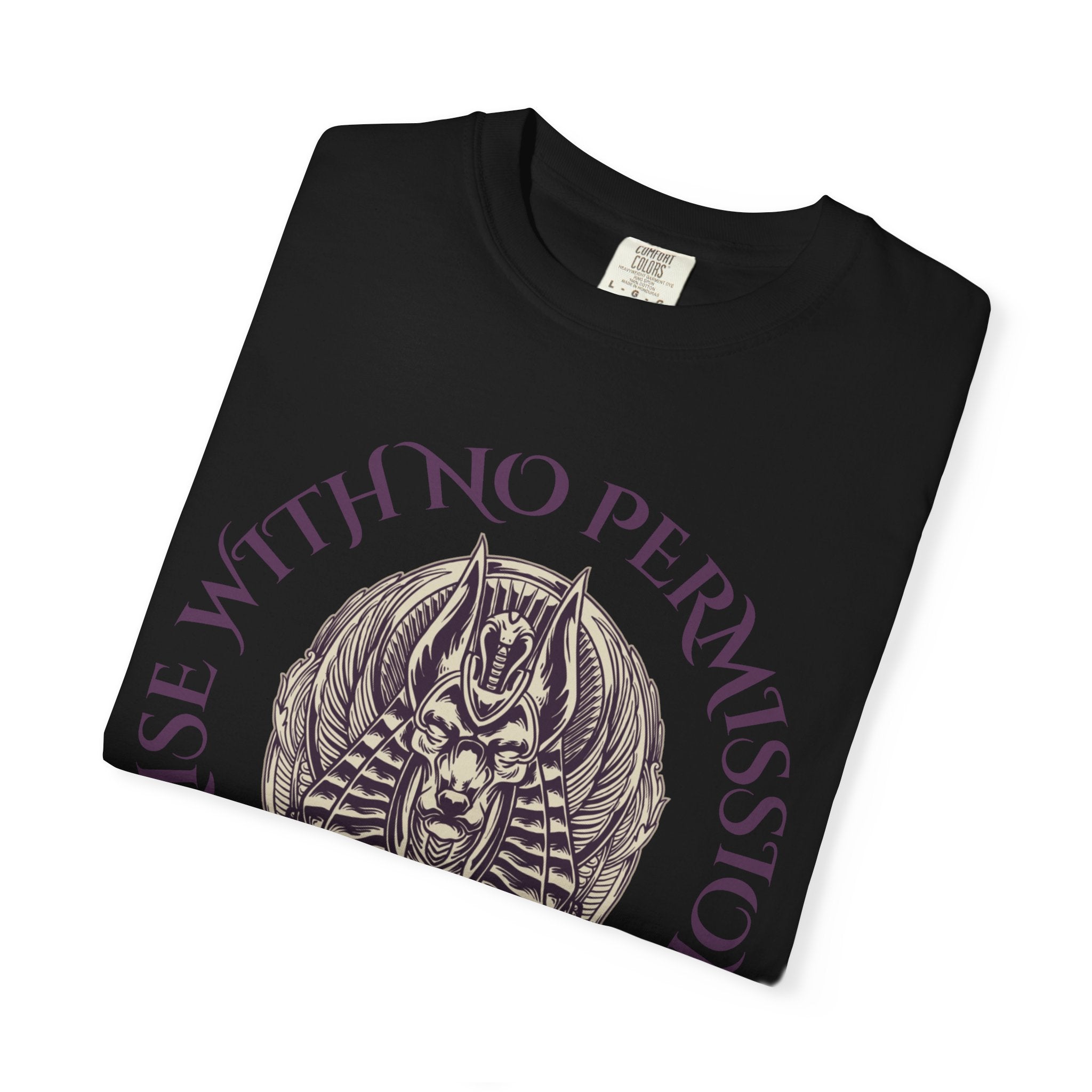 Rise With No Permission T-Shirt — Anubis Helmet Graphic Tee (“Your Song Is Your Spell”)