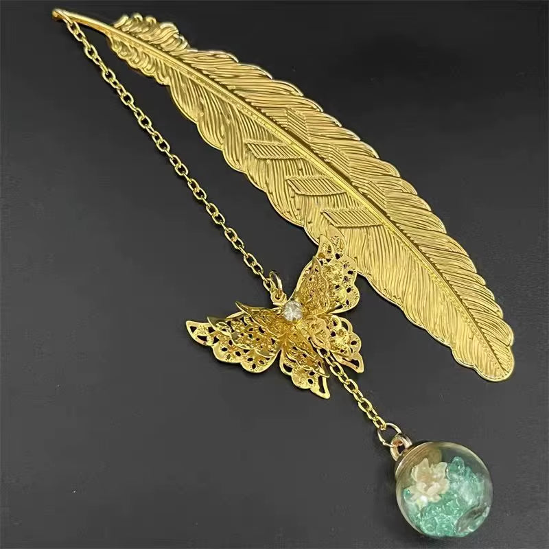 Metal Feather Bookmark with Butterfly &amp; Dried Flower Pendant