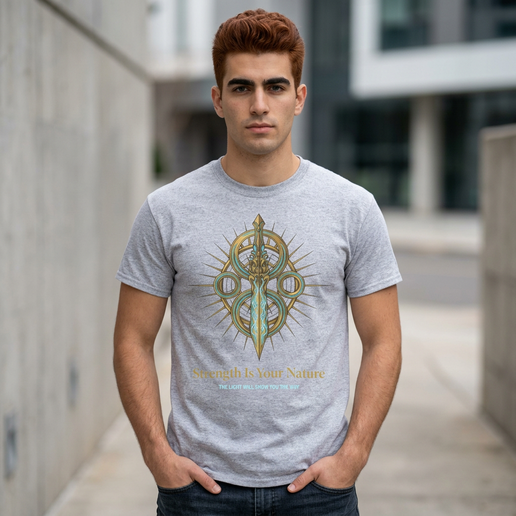 Strength Is Your Nature Long Sleeve Tee — Geometric Serpent Sword and Scarab Design