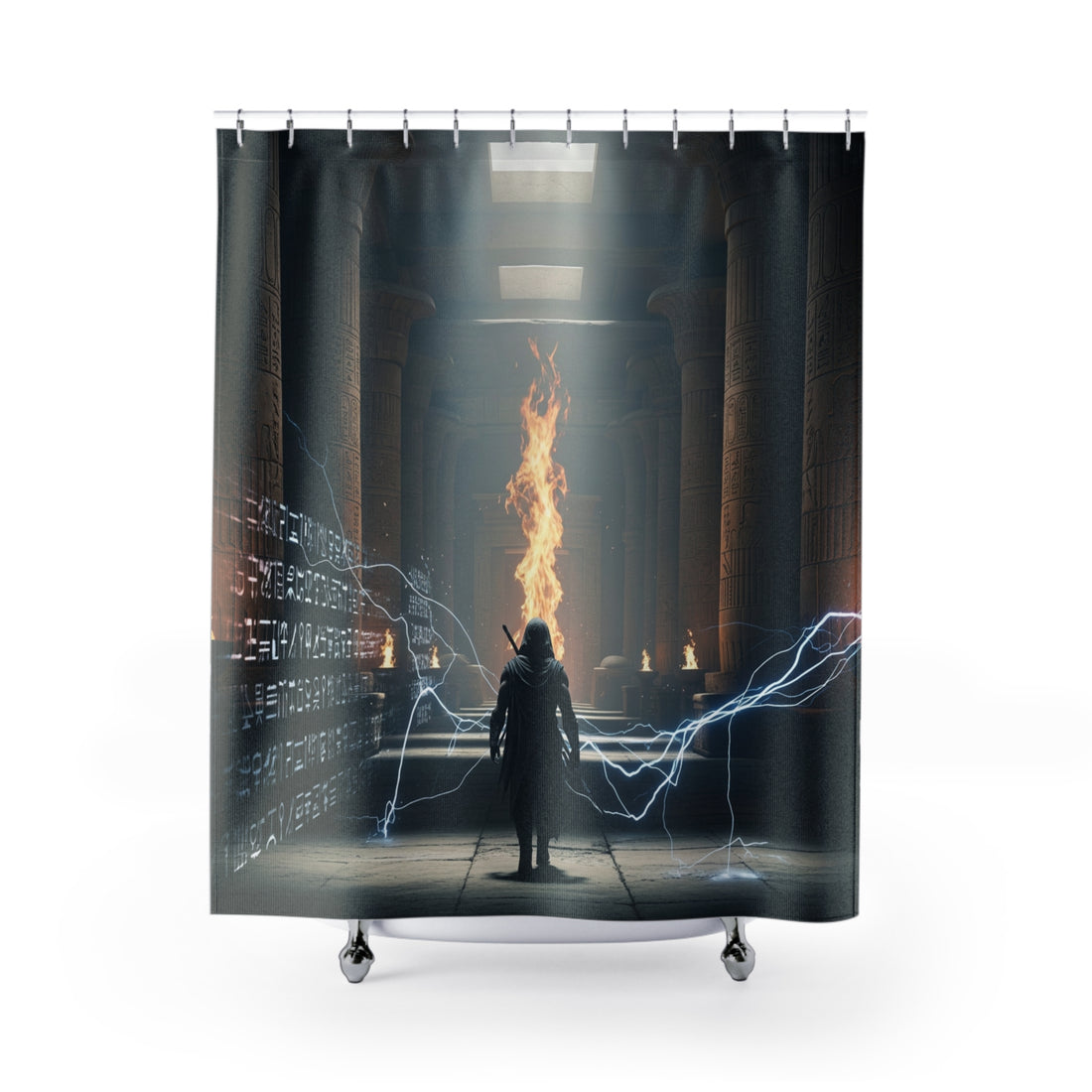 Mystic Temple Shower Curtain — Fantasy Sorcerer Flame &amp; Lightning Bathroom Decor