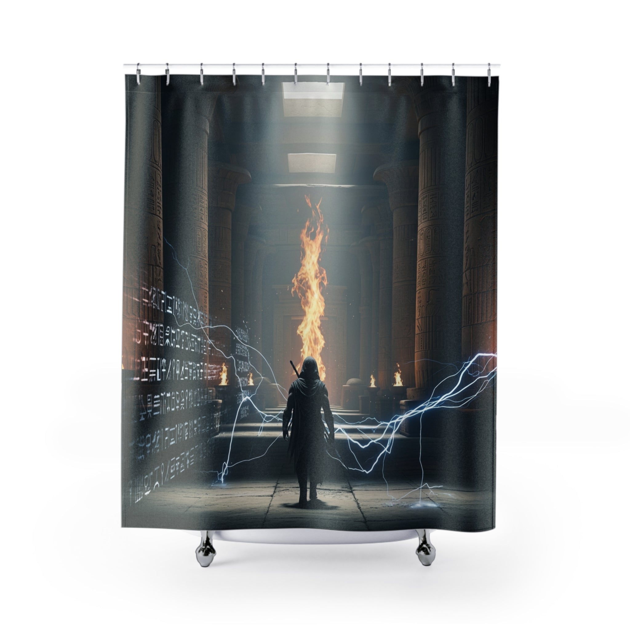 Mystic Temple Shower Curtain — Fantasy Sorcerer Flame &amp; Lightning Bathroom Decor