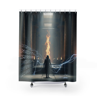 Mystic Temple Shower Curtain — Fantasy Sorcerer Flame &amp; Lightning Bathroom Decor