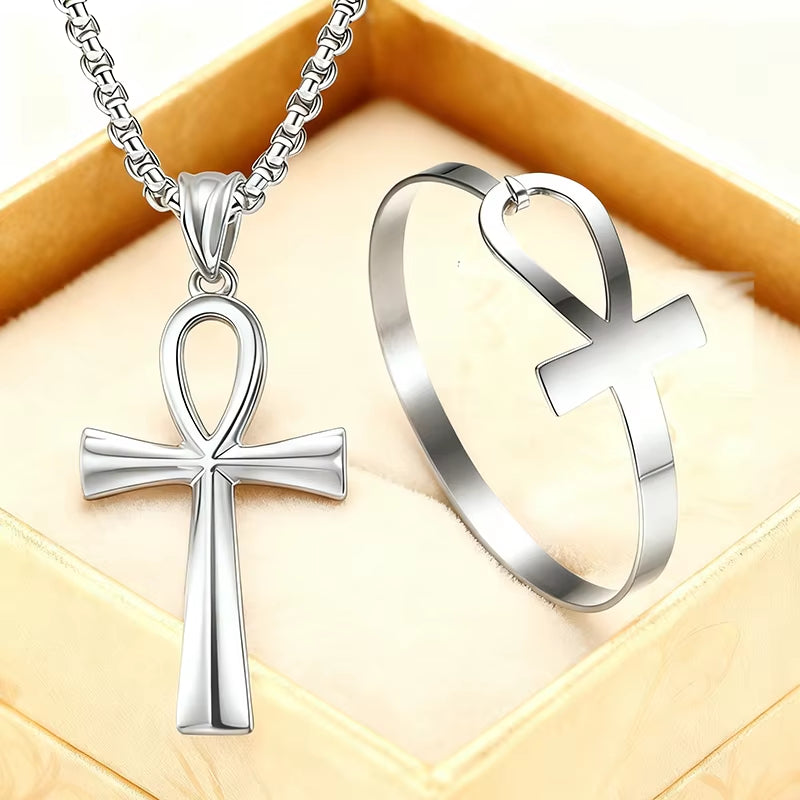 Ankh Jewelry Set Pendant &amp; Cuff – 316L Stainless Steel