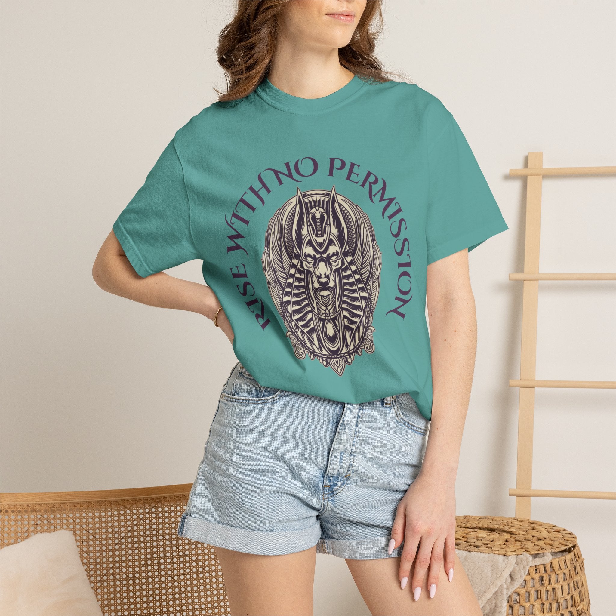 Rise With No Permission T-Shirt — Anubis Helmet Graphic Tee (“Your Song Is Your Spell”)