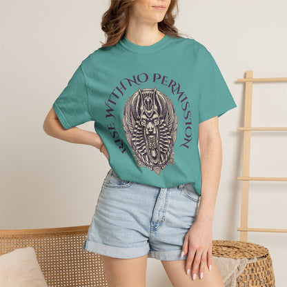 Rise With No Permission T-Shirt — Anubis Helmet Graphic Tee (“Your Song Is Your Spell”)