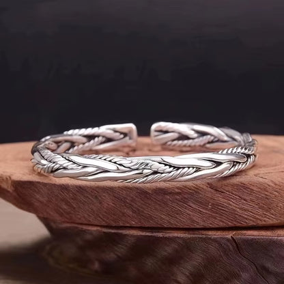 Twisted Woven Open Cuff Bracelet Silver-Tone Adjustable Stainless Steel Bangle (Unisex)