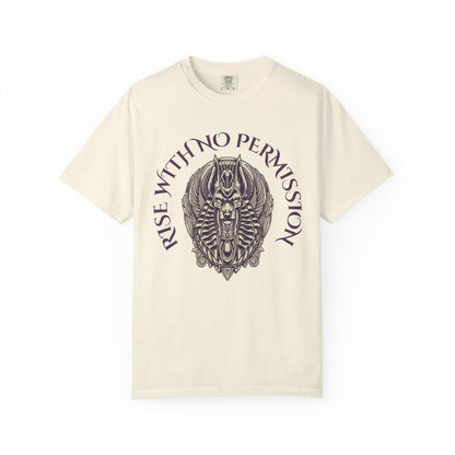 Rise With No Permission T-Shirt — Anubis Helmet Graphic Tee (“Your Song Is Your Spell”)