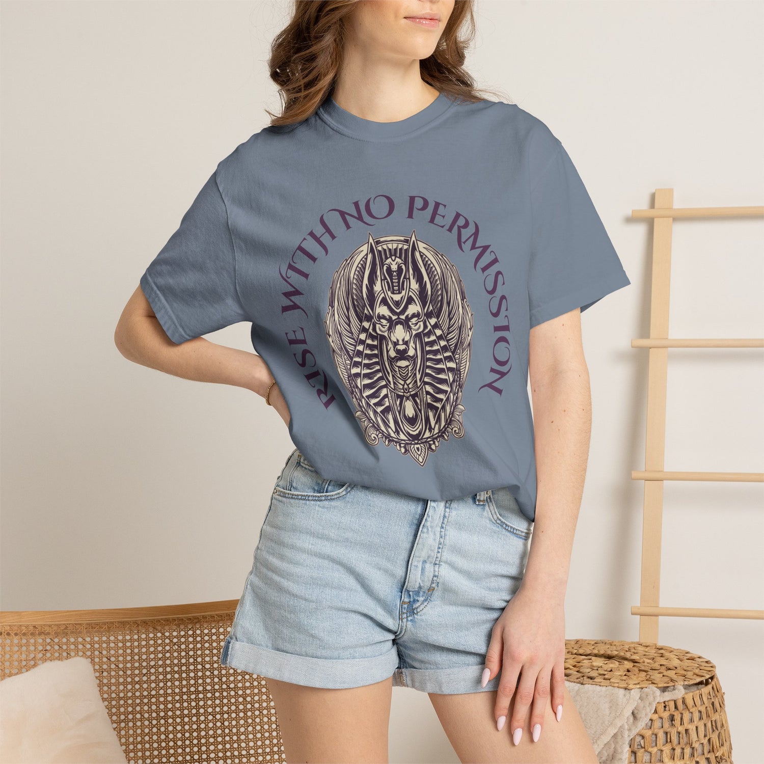 Rise With No Permission T-Shirt — Anubis Helmet Graphic Tee (“Your Song Is Your Spell”)