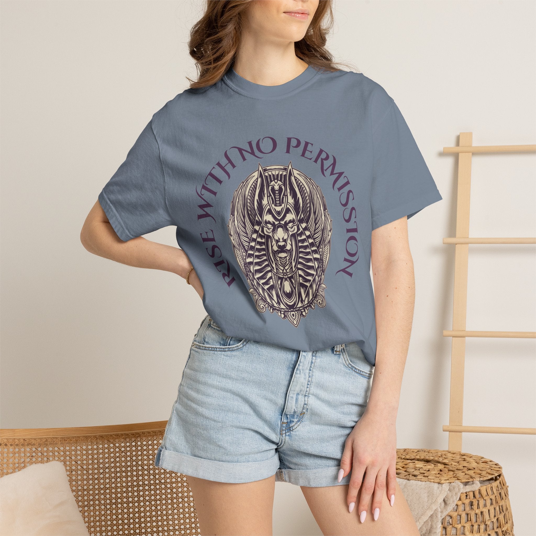 Rise With No Permission T-Shirt — Anubis Helmet Graphic Tee (“Your Song Is Your Spell”)