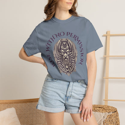Rise With No Permission T-Shirt — Anubis Helmet Graphic Tee (“Your Song Is Your Spell”)
